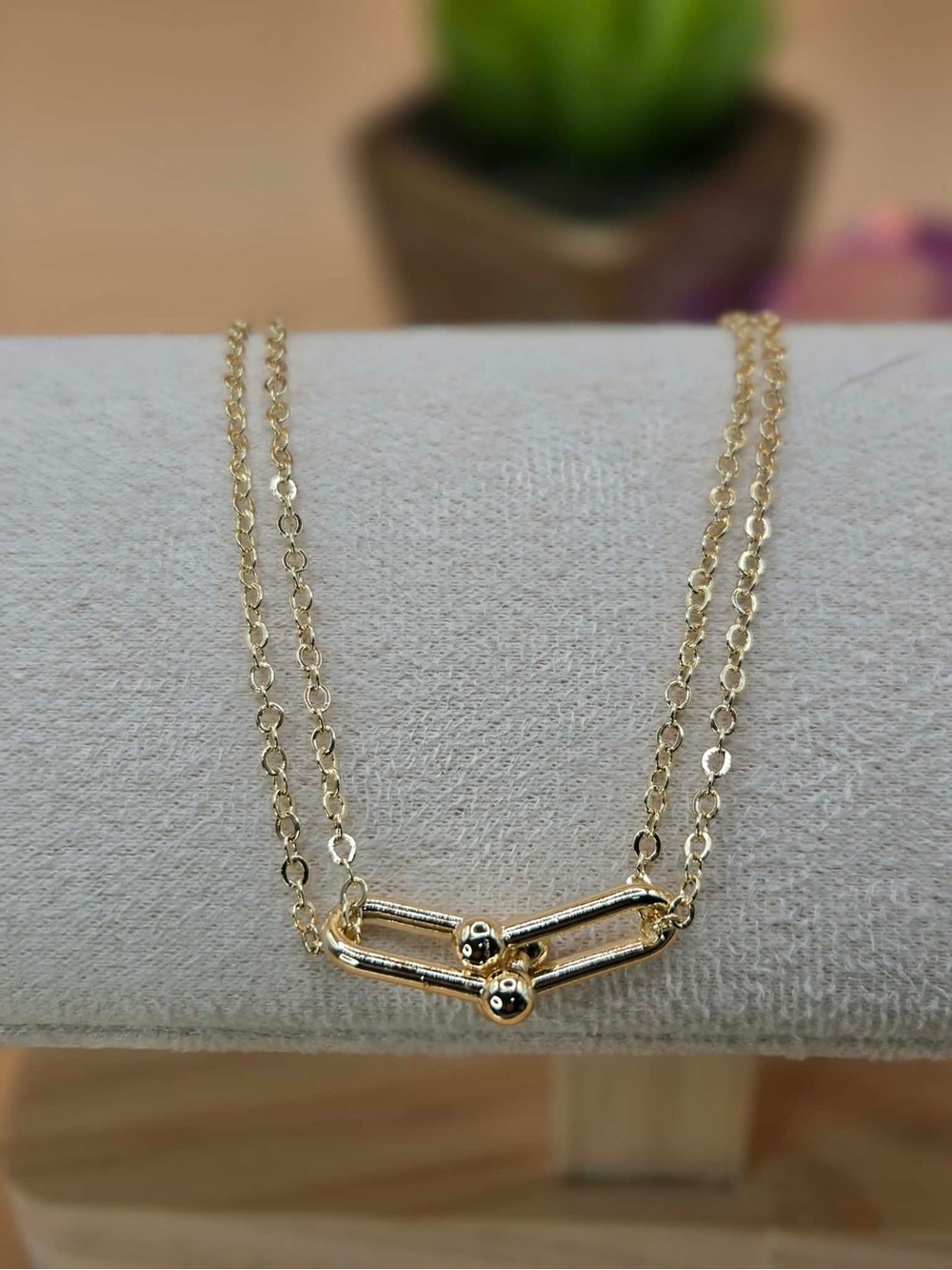 Gold Plated Double-Chain V Bar Necklace